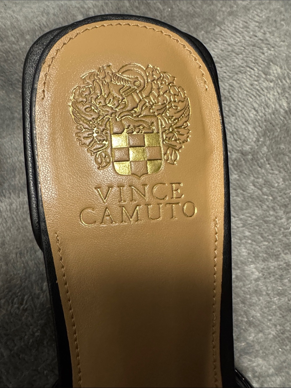 Vince Camuto Black Slide with Tan Footbed and Gold Logo. NEW , Size 10